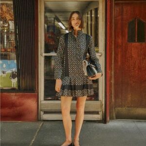 Tuckernuck Tate Dress Black Geo Mini Long Sleeve Size L  *NWT*